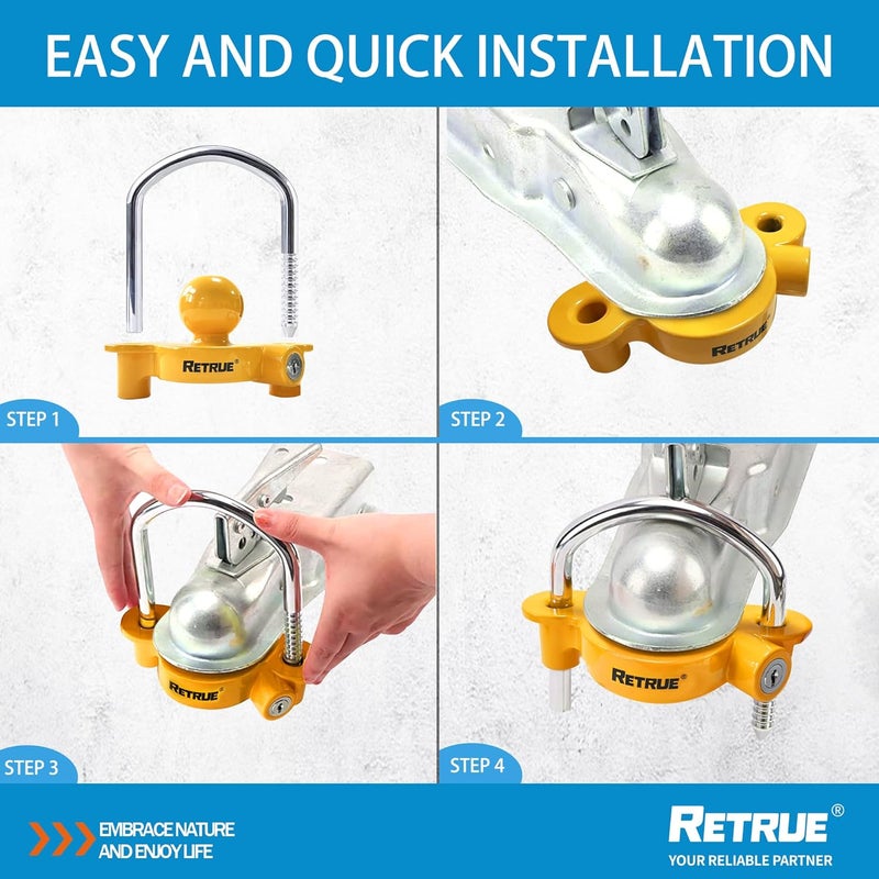 RETRUE Universal Coupler Lock Trailer Locks Ball Hitch Trailer Hitch Lock Adjustable Security Heavy-Duty Steel Fits 1-7/8 Inch, 2 Inch, 2-5/16 Inch Couplers Yellow - Image 5